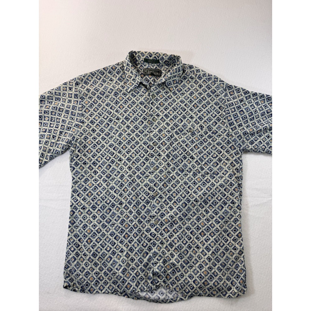 Vintage Croft & Barrow Mens Geometric Button Up Shirt L Rayon Short Sleeve